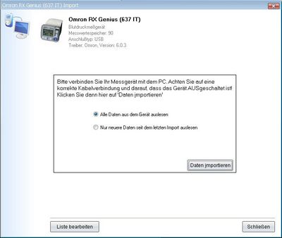 Datenübernahme vom Omron RX Genius 637 IT ins Diabetes-Tagebuch